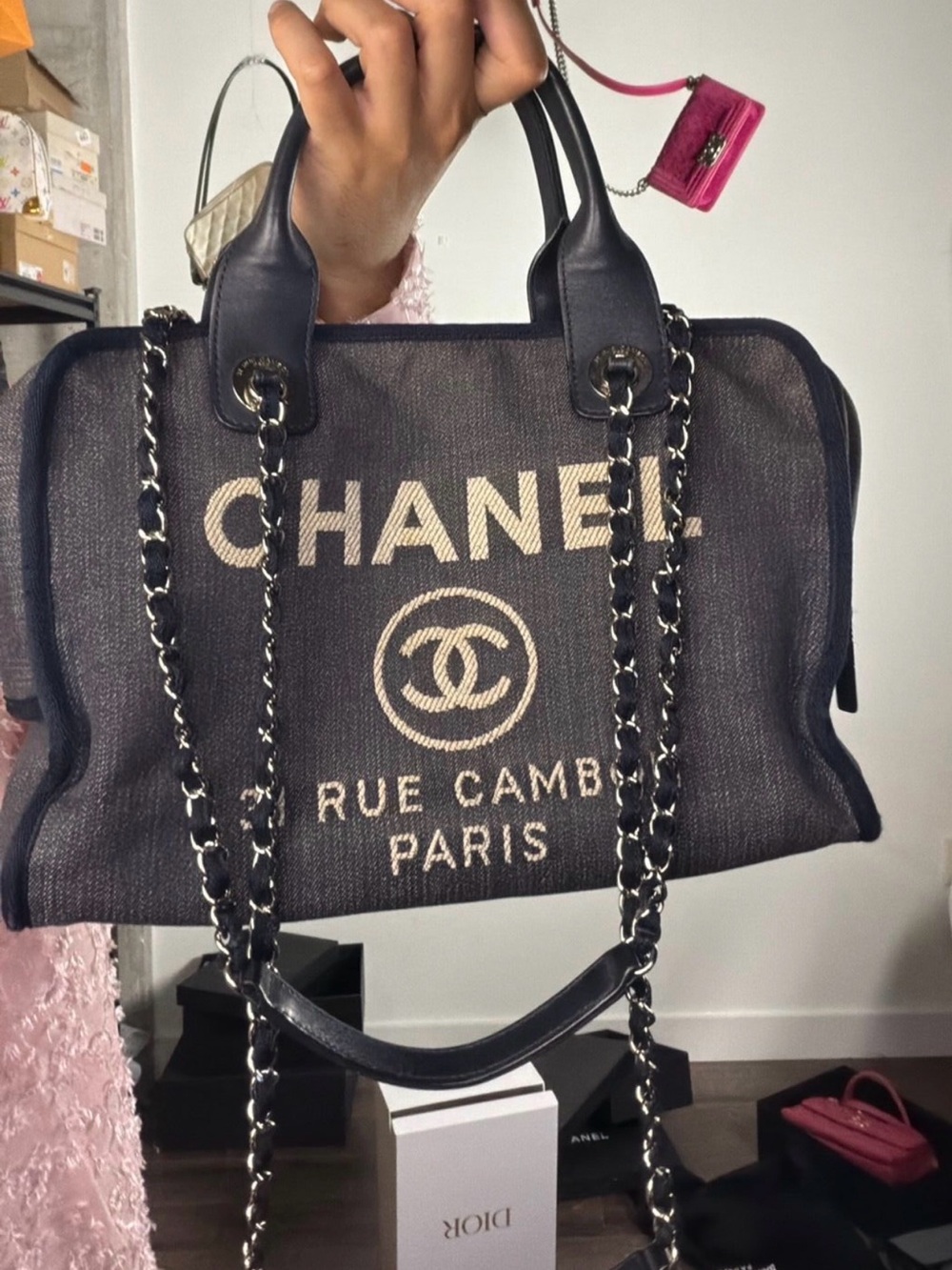 CHANEL DEAUVILLE BOWLER DENIM CANVAS Tote with Cream Accents
